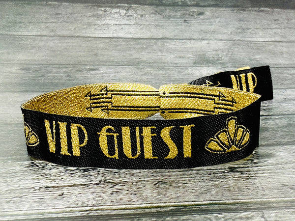 VIP GUEST Black / Gold Gatsby Festival Party Woven Fabric Wristbands