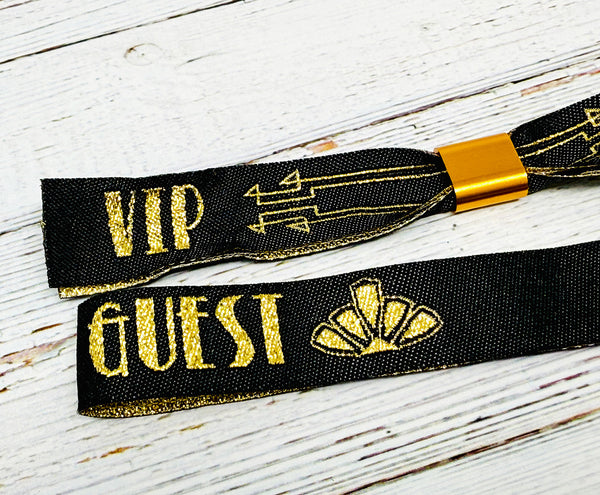 VIP GUEST Black / Gold Gatsby Festival Party Woven Fabric Wristbands