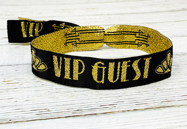 VIP GUEST Black / Gold Gatsby Festival Party Woven Fabric Wristbands