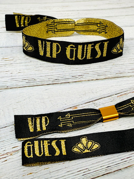 VIP GUEST Black / Gold Gatsby Festival Party Woven Fabric Wristbands