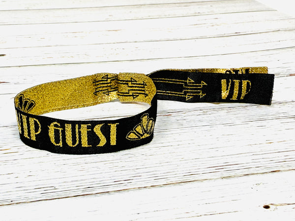 VIP GUEST Black / Gold Gatsby Festival Party Woven Fabric Wristbands