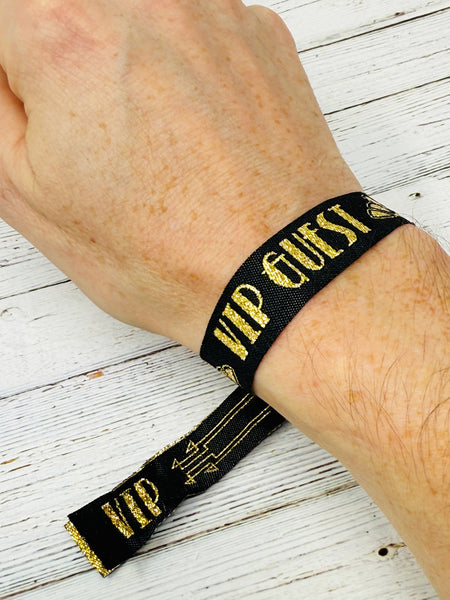 VIP GUEST Black / Gold Gatsby Festival Party Woven Fabric Wristbands